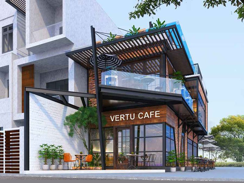 Thiết Kế Quán Cafe Khung Thép Tiền Chế 2 Tầng Siêu Đẹp