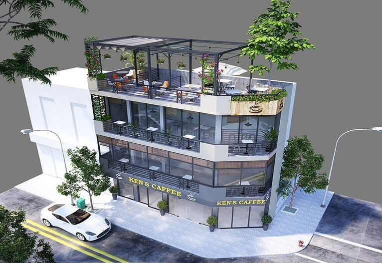 Thiết Kế Quán Cafe Khung Thép Tiền Chế 2 Tầng Siêu Đẹp