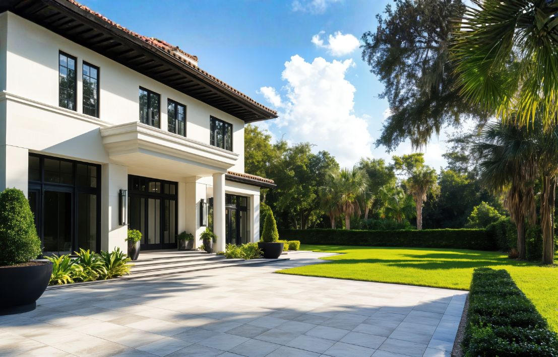 Kiến trúc hiện đại, hình khối rõ ràng, được làm mềm mại bởi sân cỏ rộng và các khóm hoa rực rỡ.