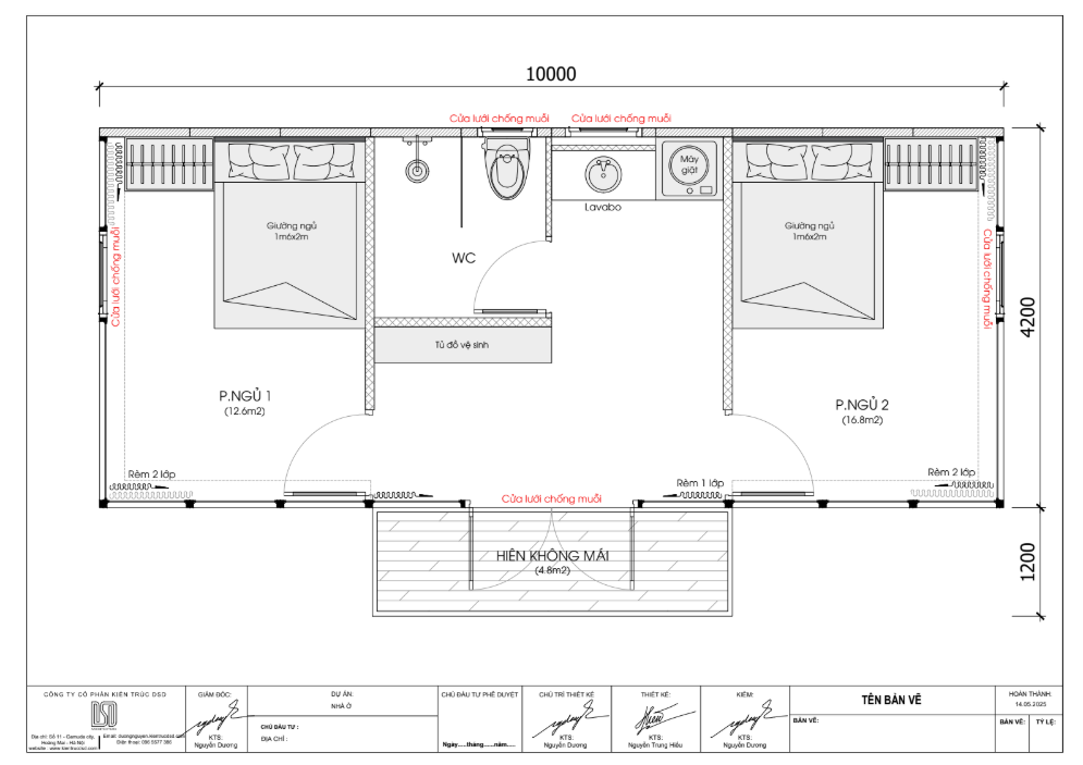 Mặt bằng thiết kế nhà lắp ghép 1 tầng 2 phòng ngủ 48.6m2