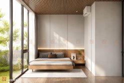 Phòng ngủ nhà lắp ghép 66.6m² với thiết kế riêng tư, thoáng sáng và kết nối trực tiếp với thiên nhiên