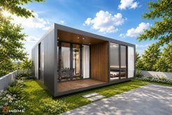 Thiết kế mặt tiền nhà lắp ghép 66.6m² hiện đại với hệ cửa kính lớn kết nối không gian sân vườn